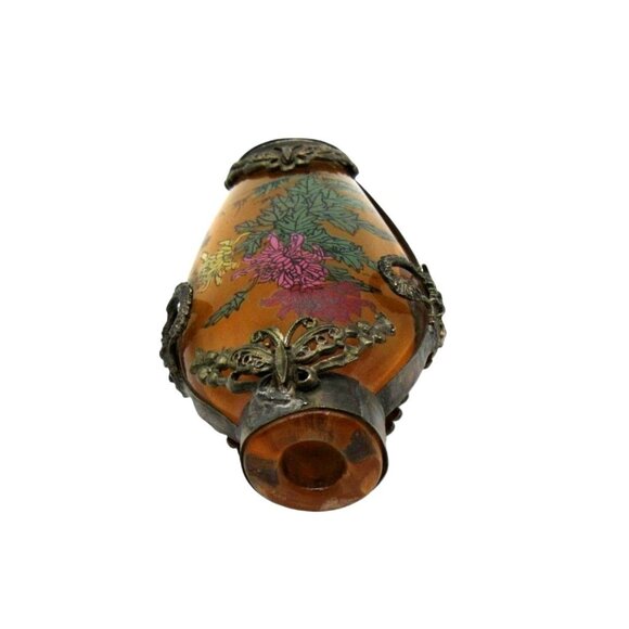 Vintage Chinese Glass SNUFF BOTTLE Floral Design and Metal Overlay 3 Inch Tall - Picture 5 of 10
